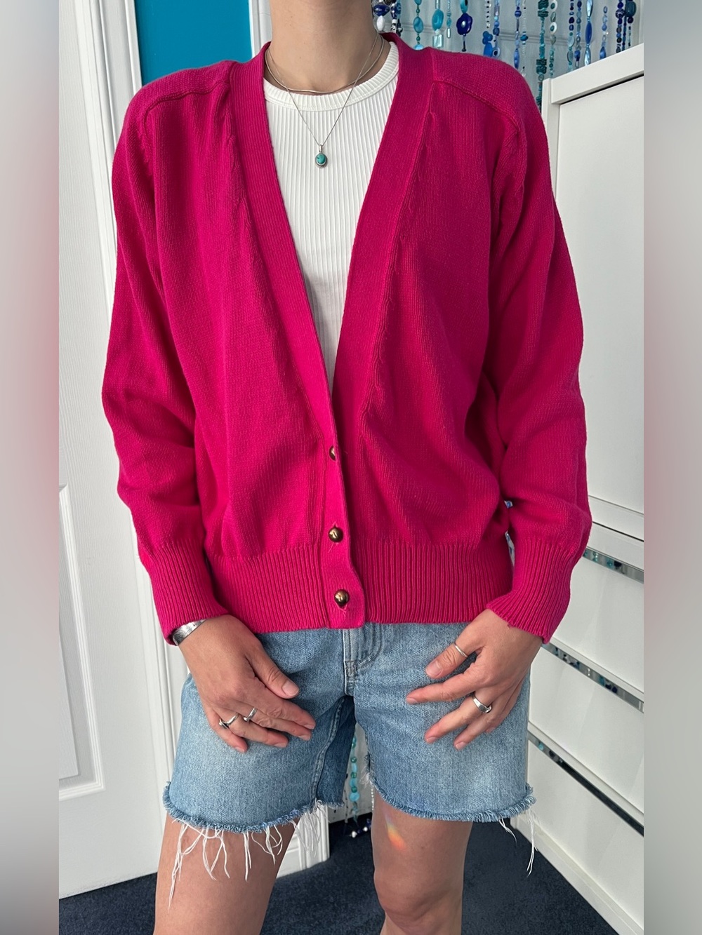 🇨🇦Vintage 90s Eaton Petites Classic Cotton Cardigan Hot Pink Fuchsia Raglan Knit
